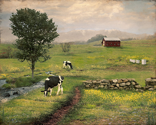 mixed media farm landscape by Wanda Ann Kinnaman