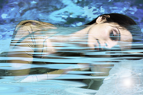 Dreamlike digital collage of a woman in water