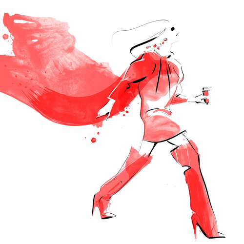 Fashion illustration of woman in red by Hilbrand Bos