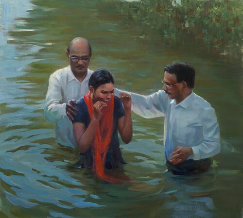 oil painting of a young woman being baptized in India