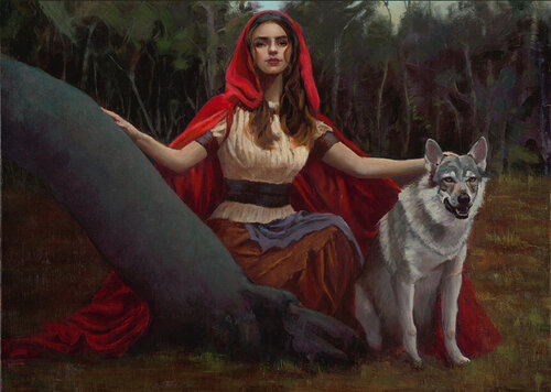 oil painting of a young woman and a wolf in a landscape setting 