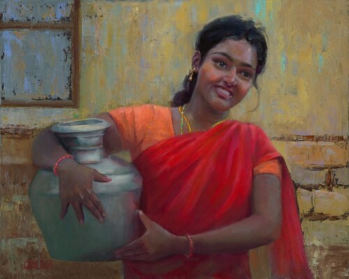 Portrait of an Indian girl with a jar of water