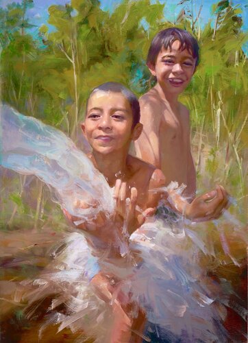 oil painting of two boys playing in water