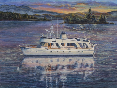 painting of a boat on a lake by Leslie Chandler