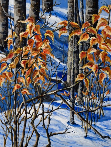 snowy landscape painting by Leslie Chandler
