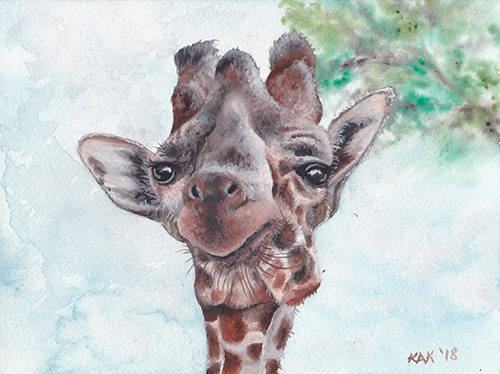 watercolor portrait of a giraffe by Kathering Klimitas