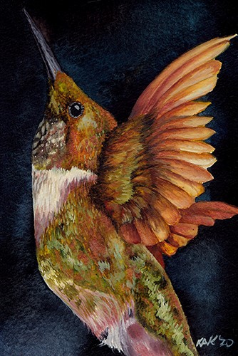 watercolor portrait of a hummingbird by Katherine Klimitas