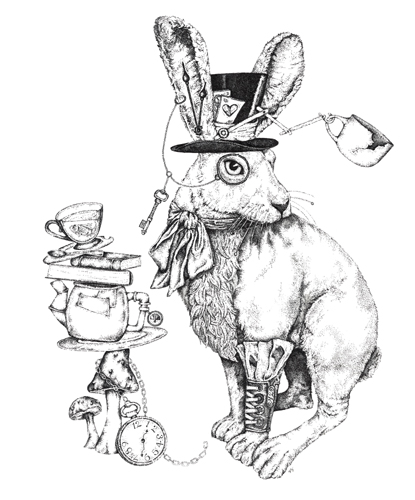 Alice in Wonderland themed pen and ink drawing by Sarah Jean Holt