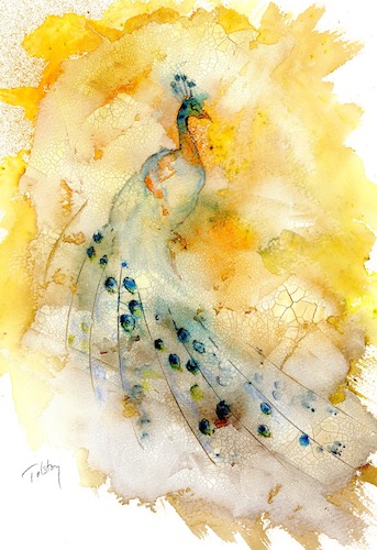 tecnica mista acquerello di un pavone di Alex Tolstoj