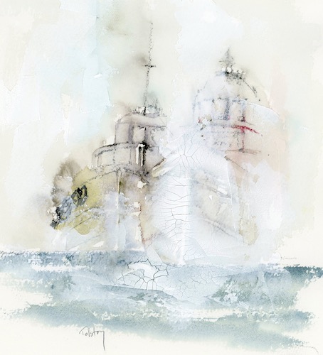 mixed media watercolor of tugboats by Alex Tolstoy