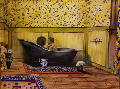 A man and a woman taking a bath