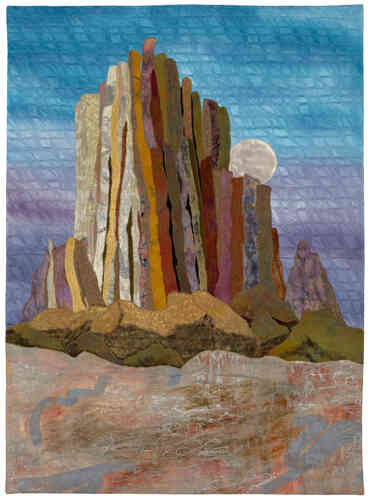 mixed media fiber landscape of Shiprock by Patricia Gould