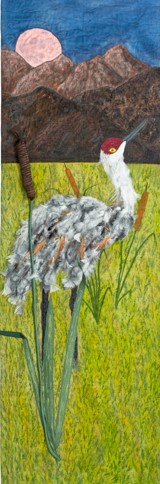 mixed media fiber crane painting by Patricia Gould