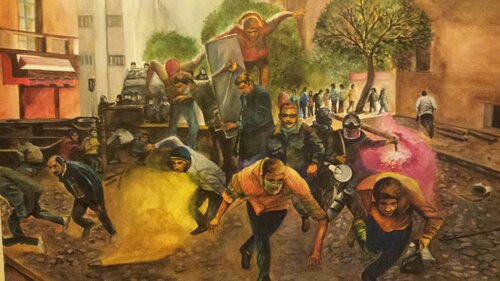 Watercolor painting of a street protest