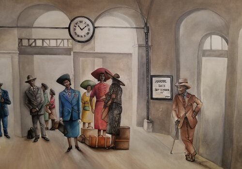 watercolor painting of a man waiting at a train station 