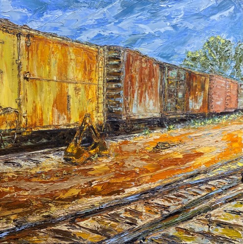 painting of boxcars by Gale Suver
