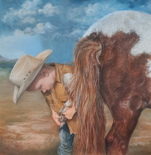 Ritratto a pastello di un ragazzo e il suo cavallo di Nancy Smyth