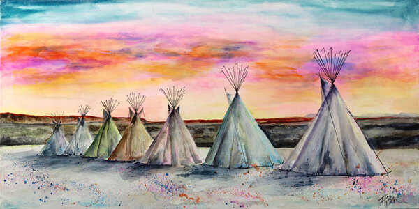 alcohol ink painting of a row of teepees by artist Teresa Brown