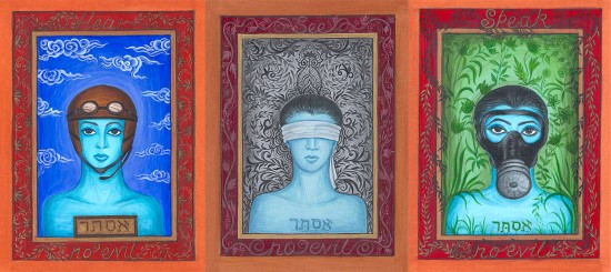 mixed media portrait triptych by Siona Benjamin