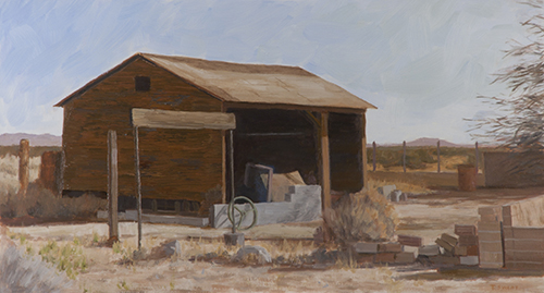 landscape painting with a shed by Todd Swart