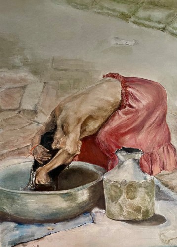 Painting of a girl washing her hair