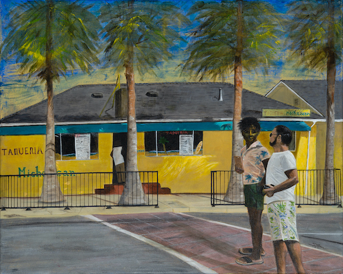 Painting of two men outside a tacqueria