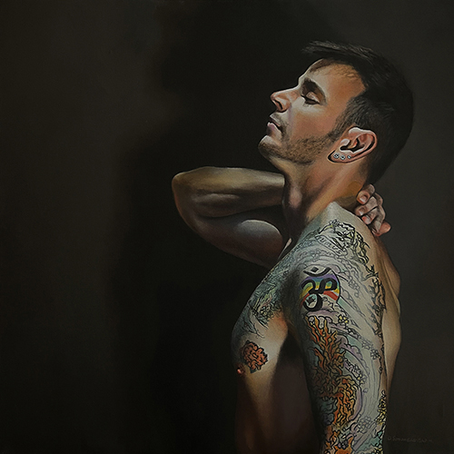 Figurative painting of a young man with tattoos