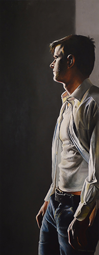 Photorealistic painting of a young man in light and shadow by Dan Simoneau