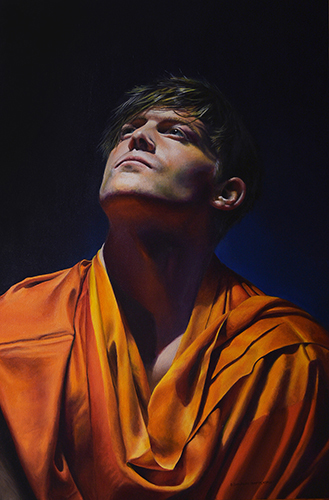 Contemporary realistic painting of a man in light and shadow