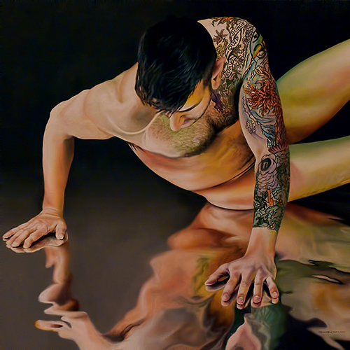 Male nude painting on reflective surface by Dan Simoneau
