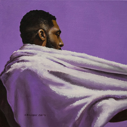 Photorealistic figurative painting of a man wrapped in a towel by Dan Simoneau