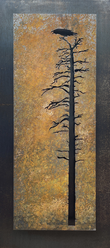 steel panel of a raven on a tree by Daniel Moore