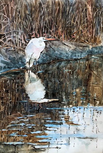 watercolor painting of a heron by Bronwen Jones