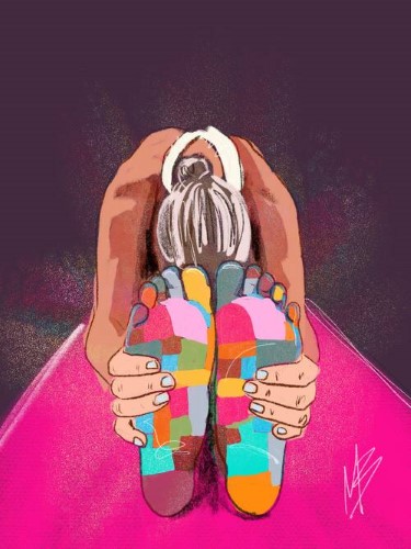 illustrazione della donna che fa yoga con i piedi colorati