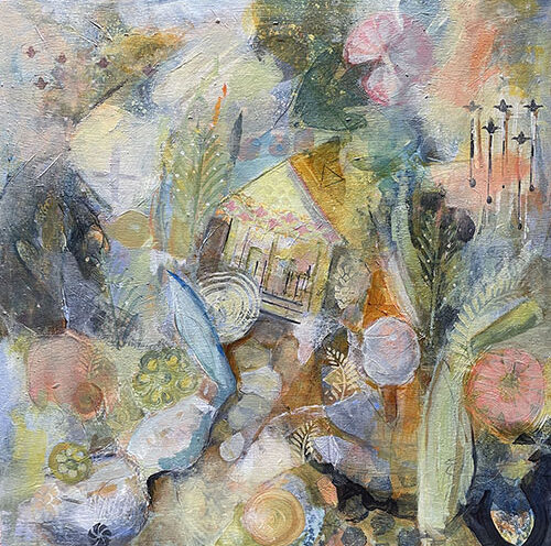 Colorful abstract painting with a house and nature by Paula Borsetti