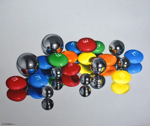 oil pastel painting of candies and metal spheres