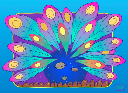 Illustrated peacock in bright colors
