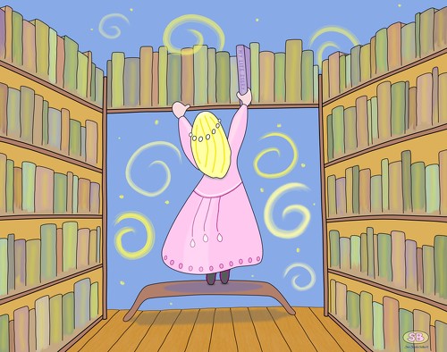 Whimsical illustration of a girl in a room