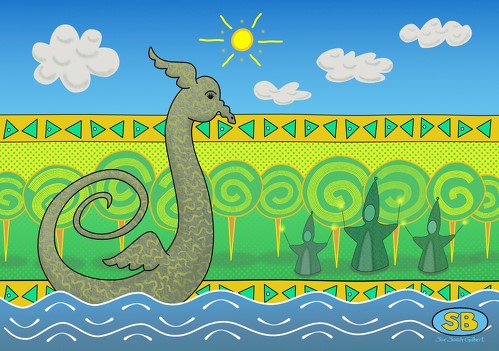 Digital illustration of a whimsical mythical serpent