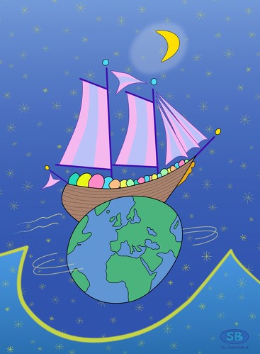 Whimsical illustration of a ship sailing over the globe