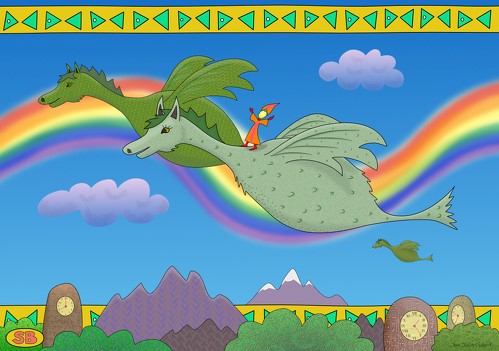 Digital illustration of a mythical flying dragon