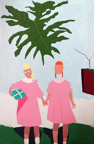Painting of two girls and a philodendron by artist Terri Lloyd