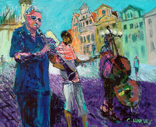 Painting of three musicians in the city