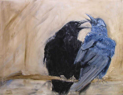 Oil painting of two crows on a branch