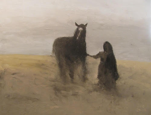 Painting of a woman and horse on the plains