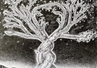 Pen and ink drawing of two trees entwined