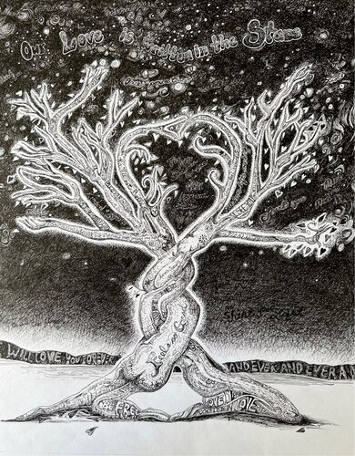 Pen and ink drawing of two trees entwined