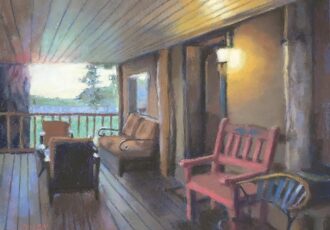 Pastel painting of a porch in the evening