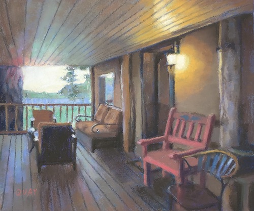 Pastel painting of a porch in the evening