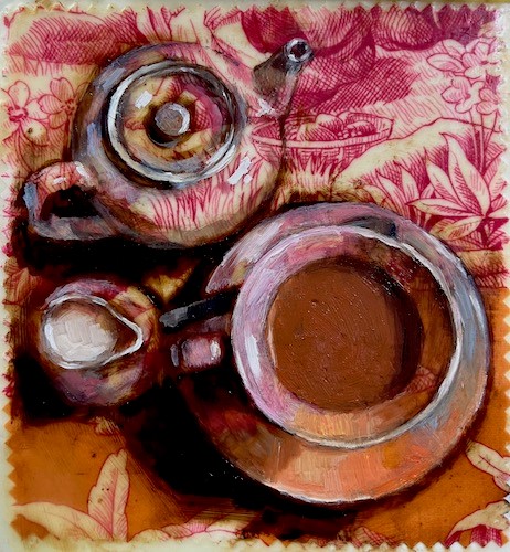 Still life painting of a teacup and teapot